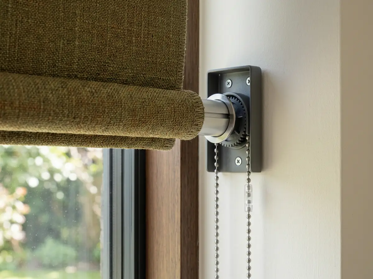 Close-up detail of roller blind fabric, chain tensioner and gear mechanism