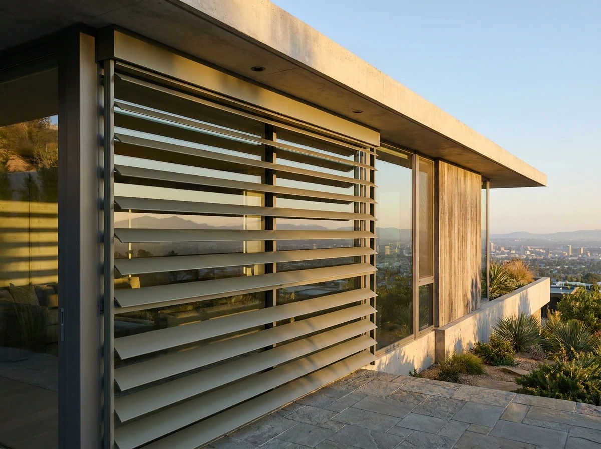 Wide aluminium external venetian blind slats mounted outside a glass wall on a flat-roofed Baronetcy Estate home, mountain and city view visible through the angled slats