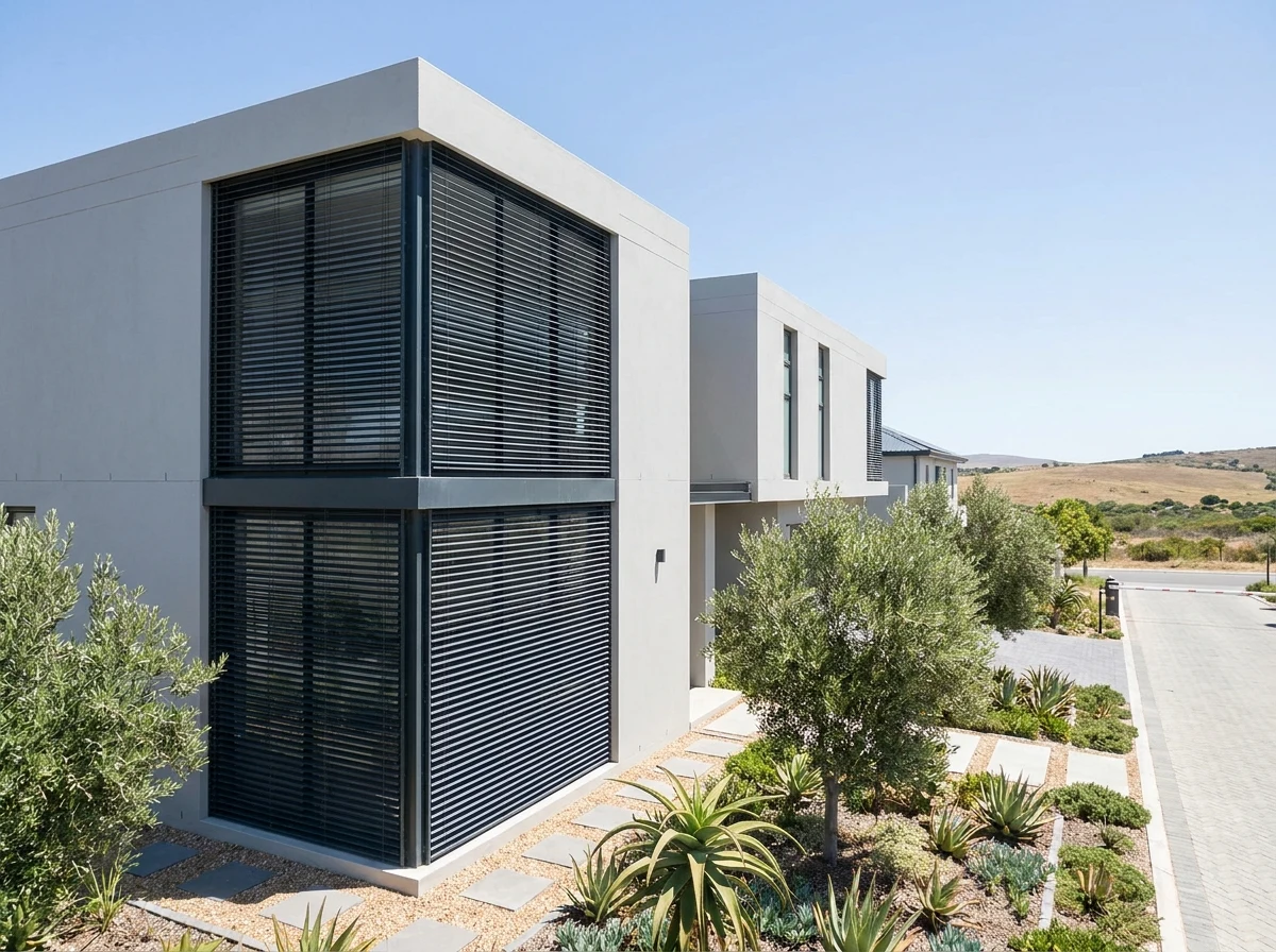 Modern gated-estate home near Bellville, Cape Town with large windows fitted with wide-slat external venetian blinds