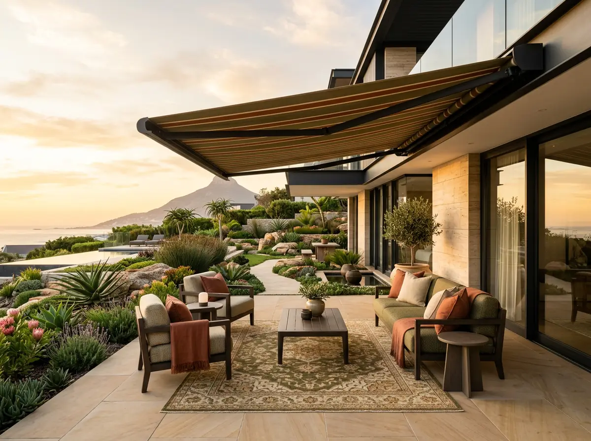 Terrace at a Baronetcy Estate home with a folding-arm awning shading the seating area, ocean and mountain view beyond